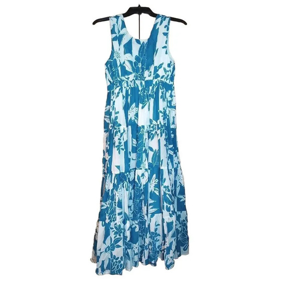 Vasna Tropical Tiered Maxi Dress Blue Floral 100% Cotton Sundress SZ S Lined - Picture 2 of 7